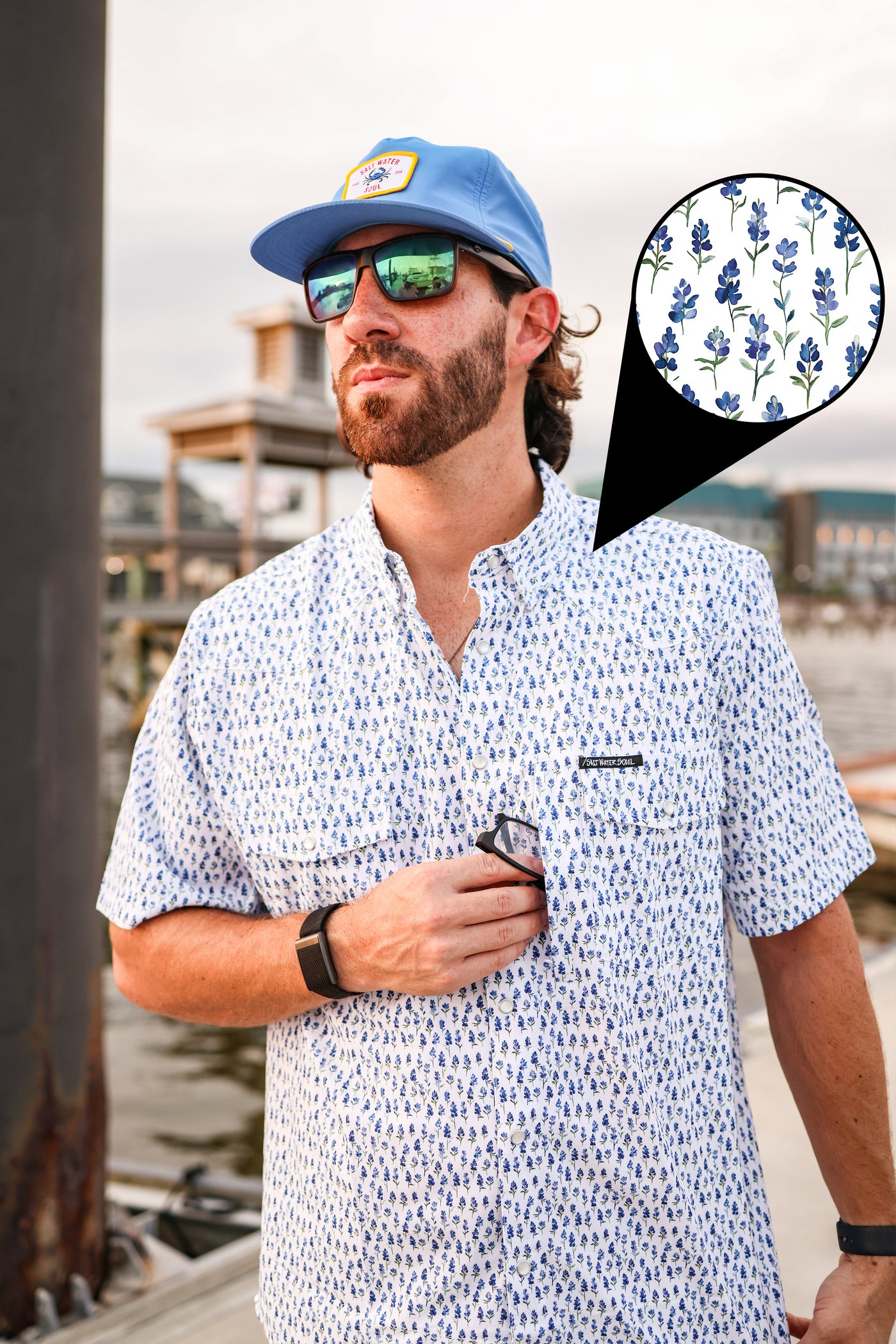 Blue Bonnet Pearl Snap Fishing Shirt