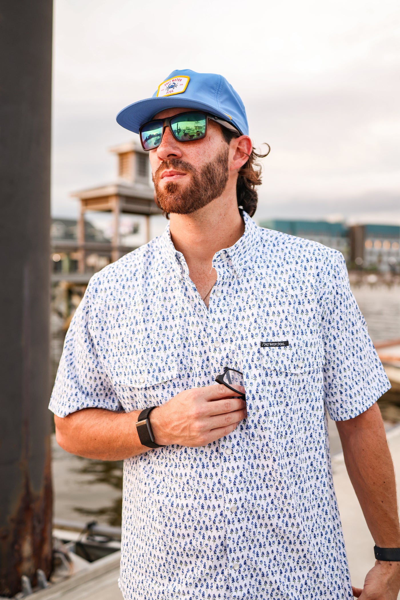 Blue Bonnet Pearl Snap Fishing Shirt